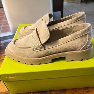 Dolce Vita beige, suede loafers, chunky lug sole, brand new, size 6.
